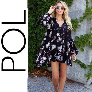 POL Floral Boho Black Lace Flowy Tunic Dress Women Size Small NWT